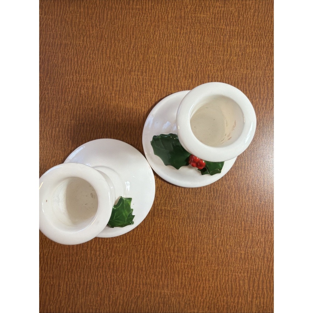 Lillian Vernon Christmas Candle Stick Holder set 2 White Ceramic w Holly Vintage - Picture 3 of 7